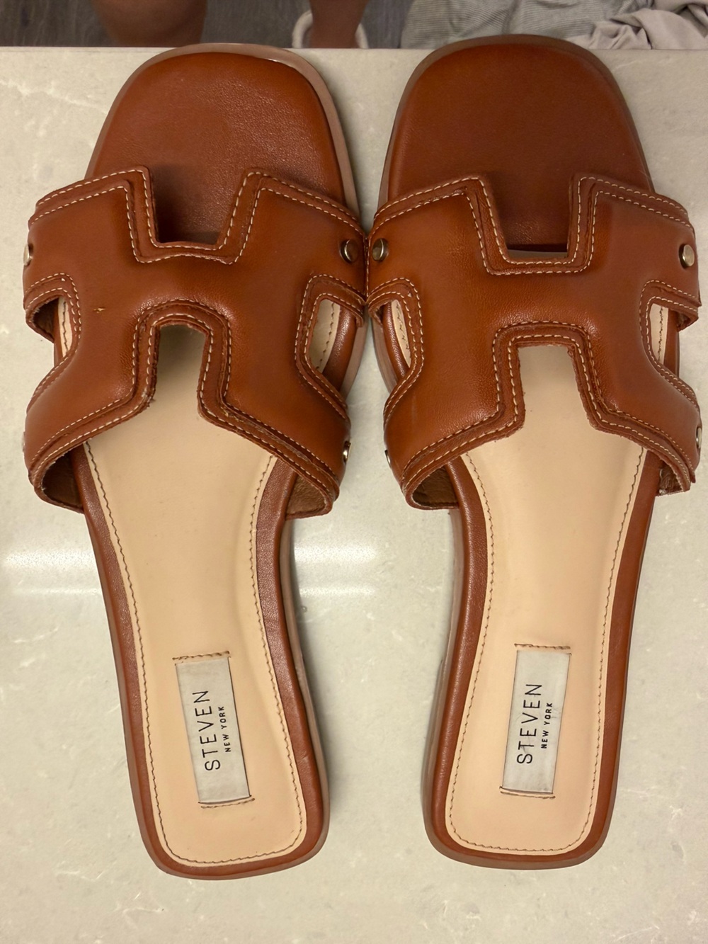 Steven By Steve Madden Tan Brown Leather Slide Sandals